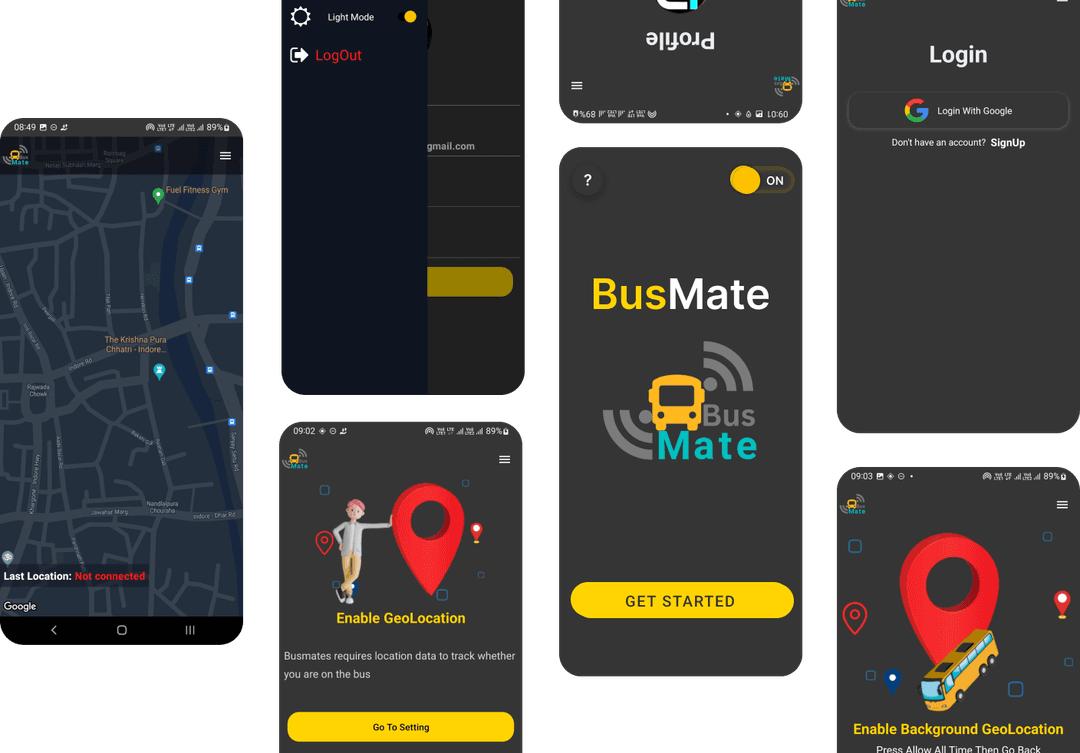 Dark mode app screenshots showing all screens